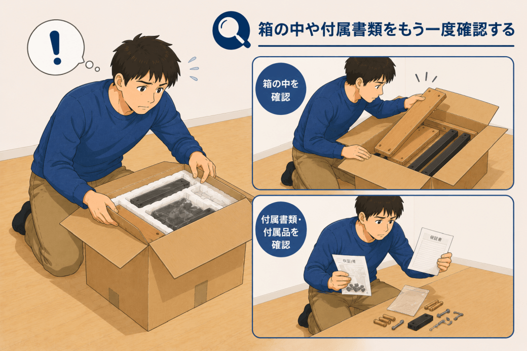 箱の中や付属書類をもう一度確認